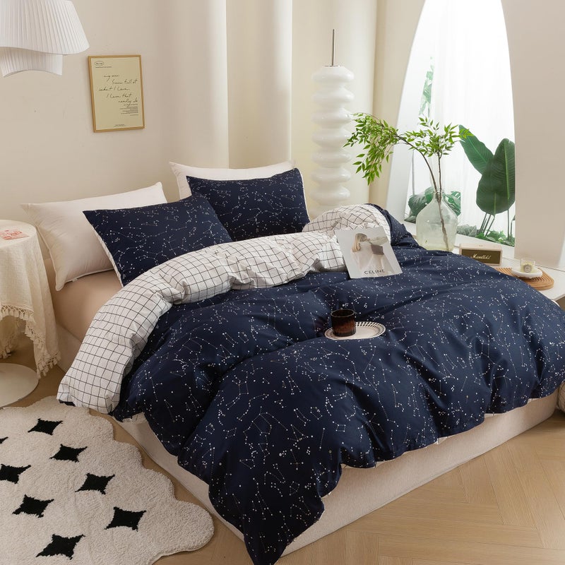 ECOCOTT Duvet Cover King, 3 Pieces 100% Natural Cotton 1 Duvet Cover +2 Pillowcases Bedding Set,Navy and Cosmic Constellation Reversible Printed Pattern Breathable and Durable Duvet Cover King Size - Image 4